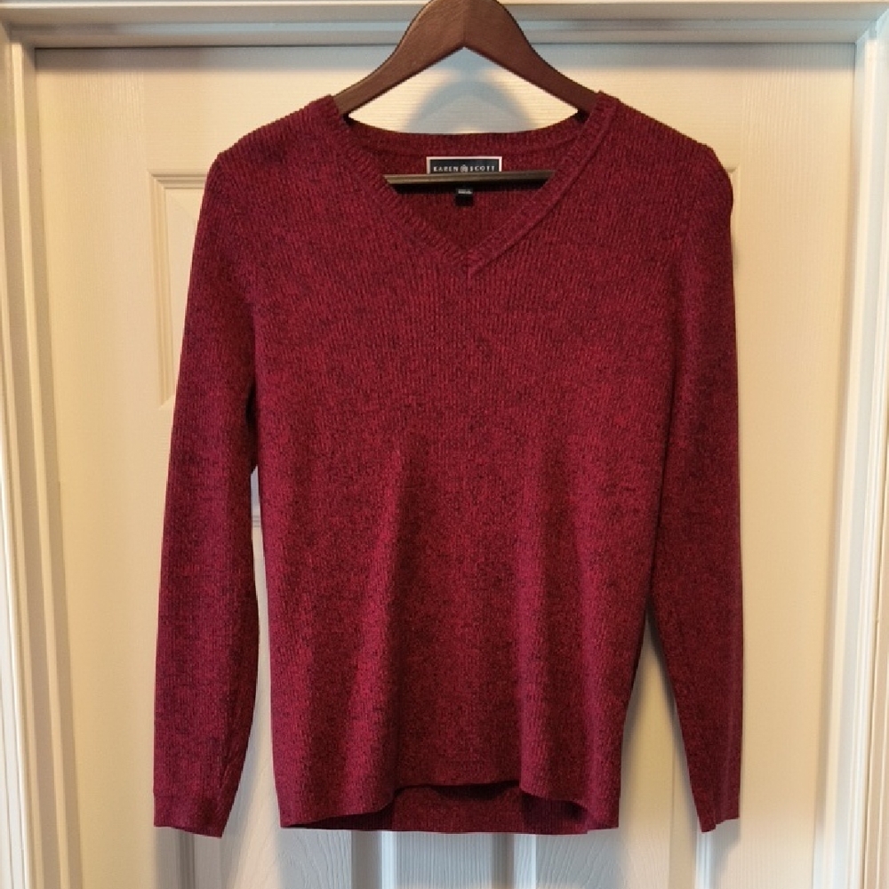 Karen Scott Deep Red Heather V-Neck Sweater M